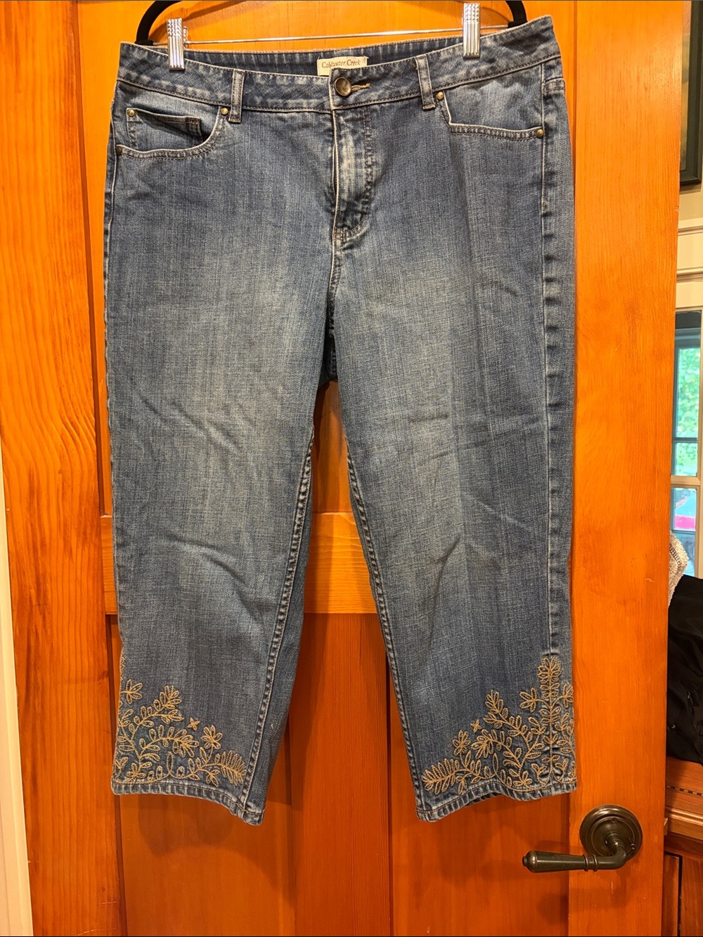 Coldwater Creek Blue Cropped Jeans with Gold Embroidered Hems